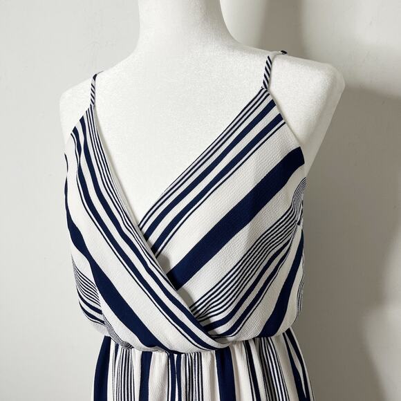 Monteau Womens Blouson Dress L Blue White Stripe Mini Sleeveless Spaghetti Strap - Picture 4 of 8